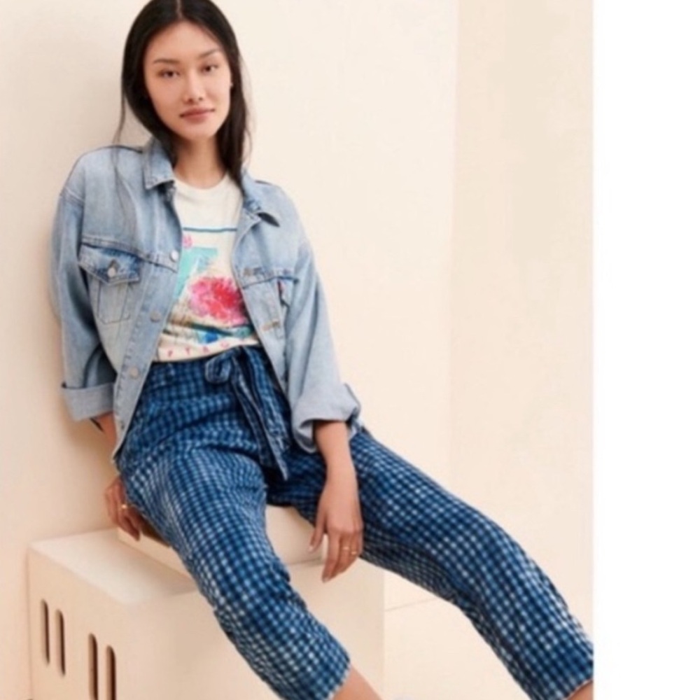 Anthropologie Maeve Avryl Bleached Slim Pants Blue Check Plaid Sz 14 - Picture 3 of 14